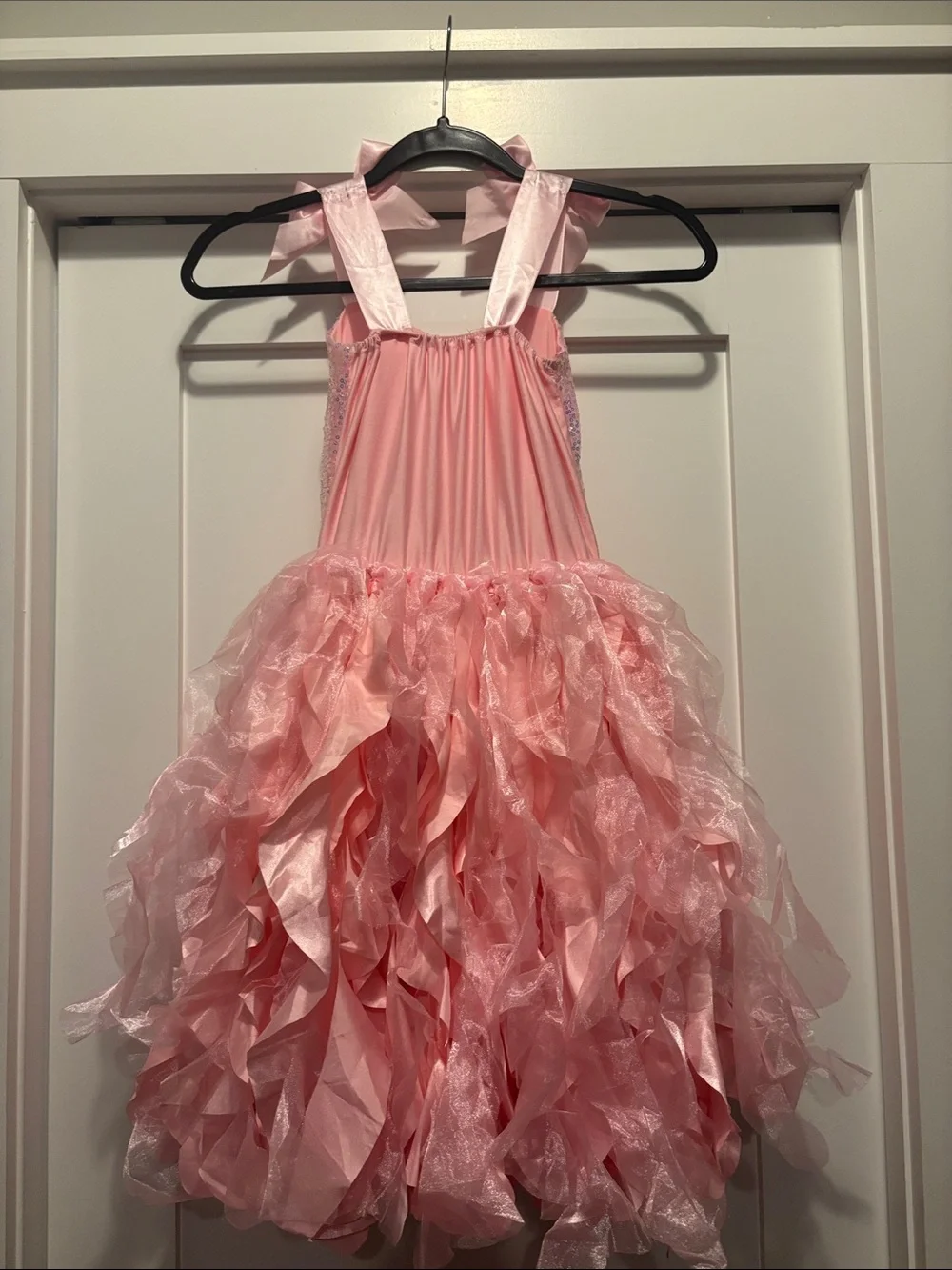 Pink Sequin Ruffled Tulle Dance Costume Dress with Ribbon Ties